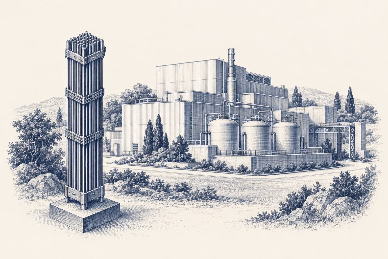 A nuclear fuel assembly and recycling facility, engraved in navy.
